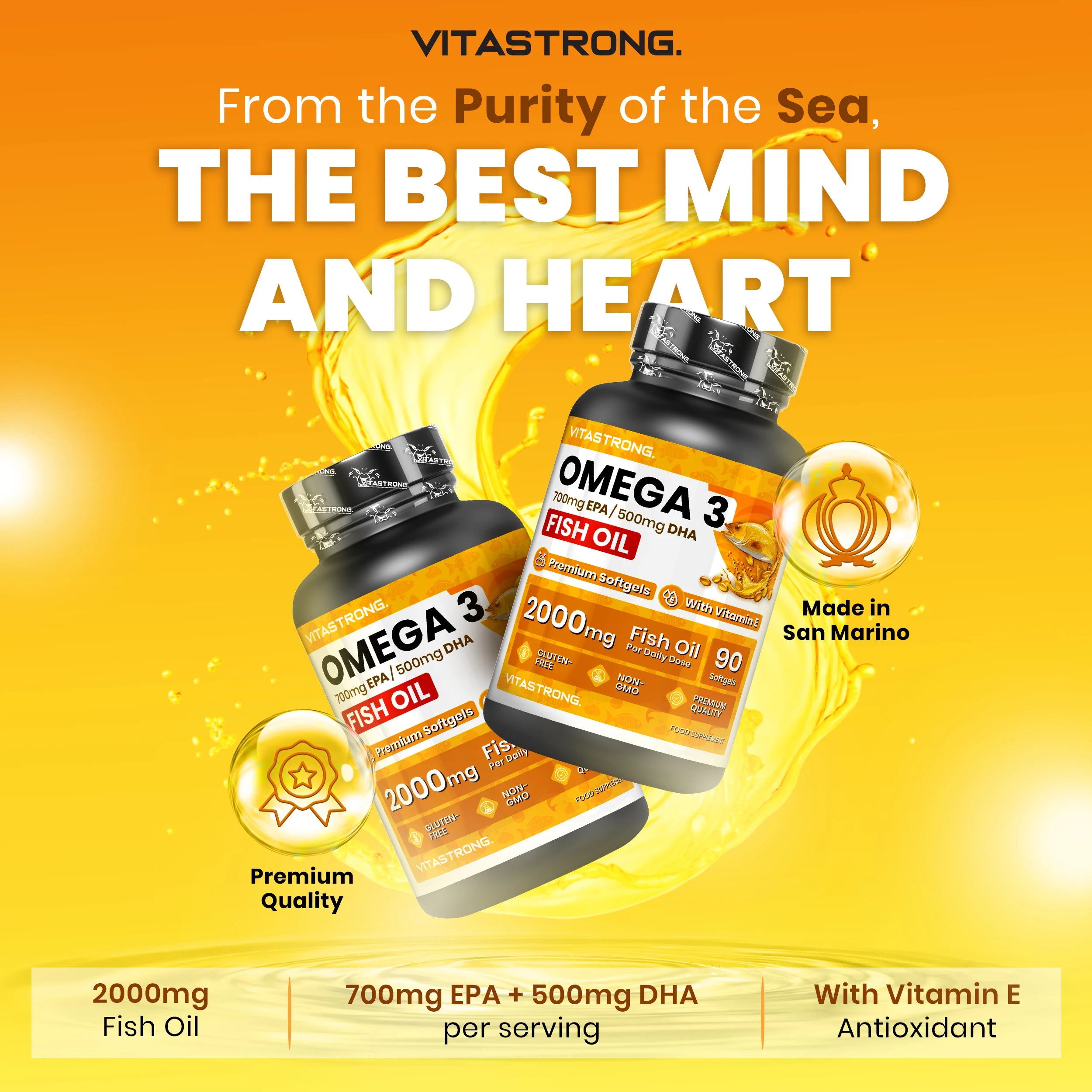 Omega 3 Fish Oil 2000Mg High Dosage with Vitamin E, without Aftertaste, Omega3 Fish Oil (Fish Oil) 700Mg EPA 500Mg DHA, High Concentration, Omega-3 Supplement Pure Heart, Sight, Brain