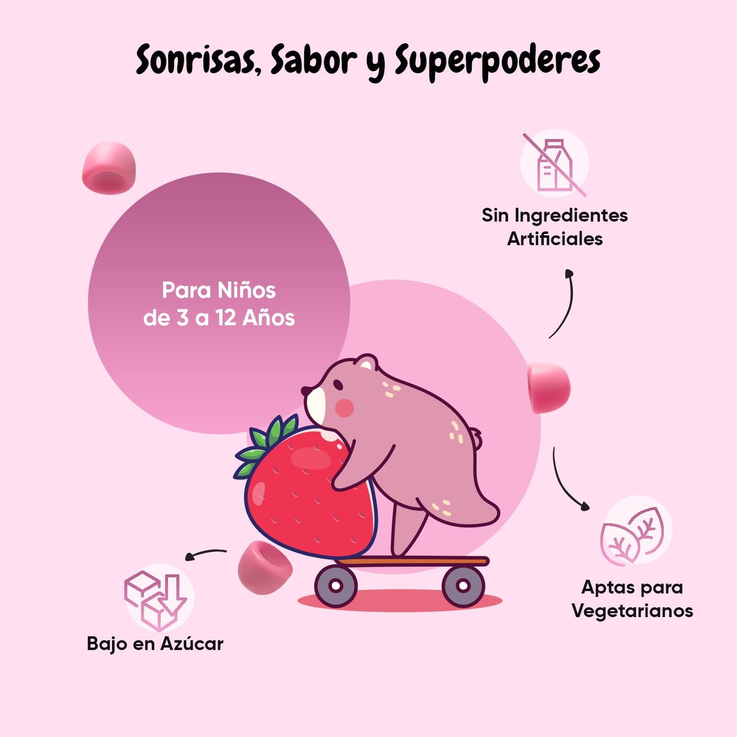 Calcio Y Vitamina D3 Para Niños - 90 Gominolas, Sabor a Vainilla Y Fresa - Suplemento Para Niños Para Su Crecimiento Y Desarrollo - 45 Días De Suministro - Sin Lactosa Ni Gluten