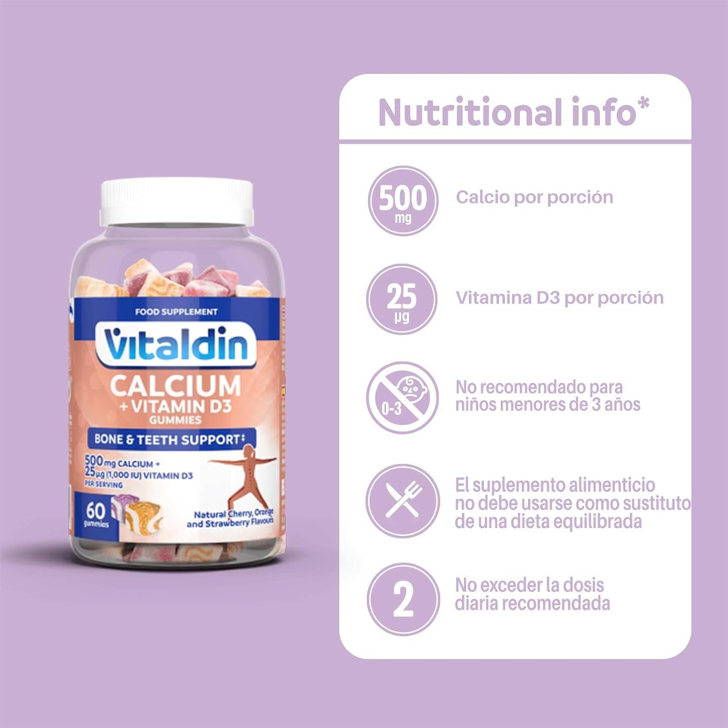 VITALDIN 60 Gominolas De Calcio & Vitamina D3, 500 Mg, 1.000 IU Por Dosis – (30 Días) Sabor Frutas – Ayuda a Mantener Huesos Y Dientes – Sin Gluten – Apto Para Niños & Adultos