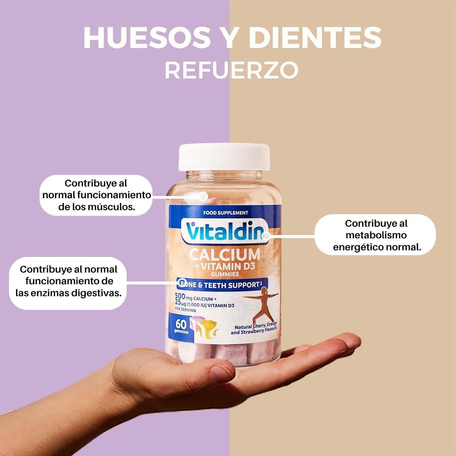 VITALDIN 60 Gominolas De Calcio & Vitamina D3, 500 Mg, 1.000 IU Por Dosis – (30 Días) Sabor Frutas – Ayuda a Mantener Huesos Y Dientes – Sin Gluten – Apto Para Niños & Adultos