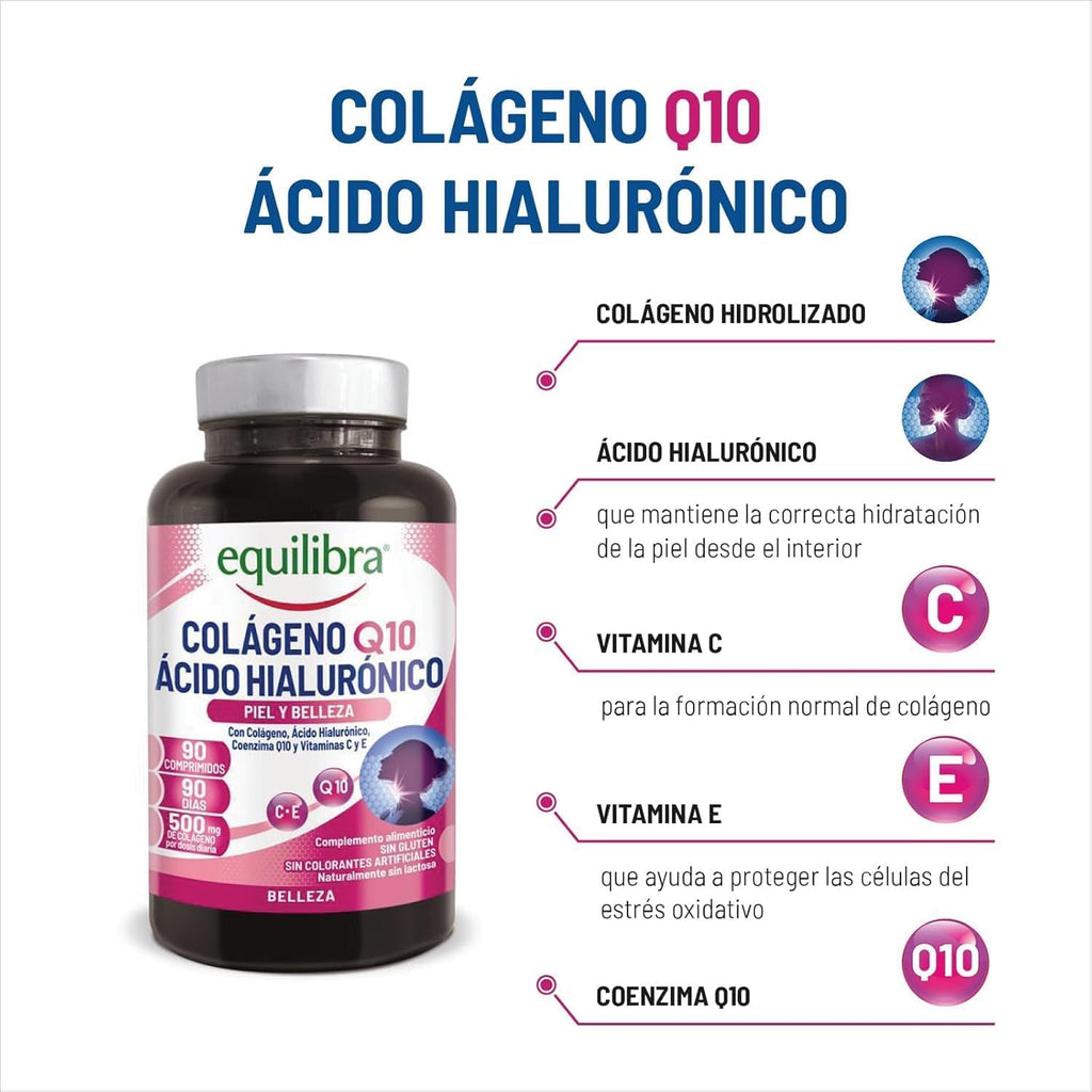 Equilibra Complemento Alimenticio, Colágeno Q10 Ácido Hialurónico, Bueno Estado De La Piel, a Base De Colágeno Hidrolizado, Ácido Hialurónico, Coenzima Q10, Vitaminas C Y E, 90 Comprimidos