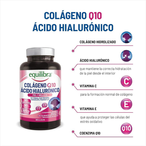 Equilibra Complemento Alimenticio, Colágeno Q10 Ácido Hialurónico, Bueno Estado De La Piel, a Base De Colágeno Hidrolizado, Ácido Hialurónico, Coenzima Q10, Vitaminas C Y E, 90 Comprimidos