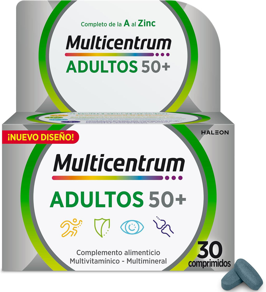 Multicentrum Adultos 50+, Complemento Alimenticio Multicolor Vitaminas Con 13 Vitaminas Y 11 Minerales, Sin Gluten, 30 Comprimidos