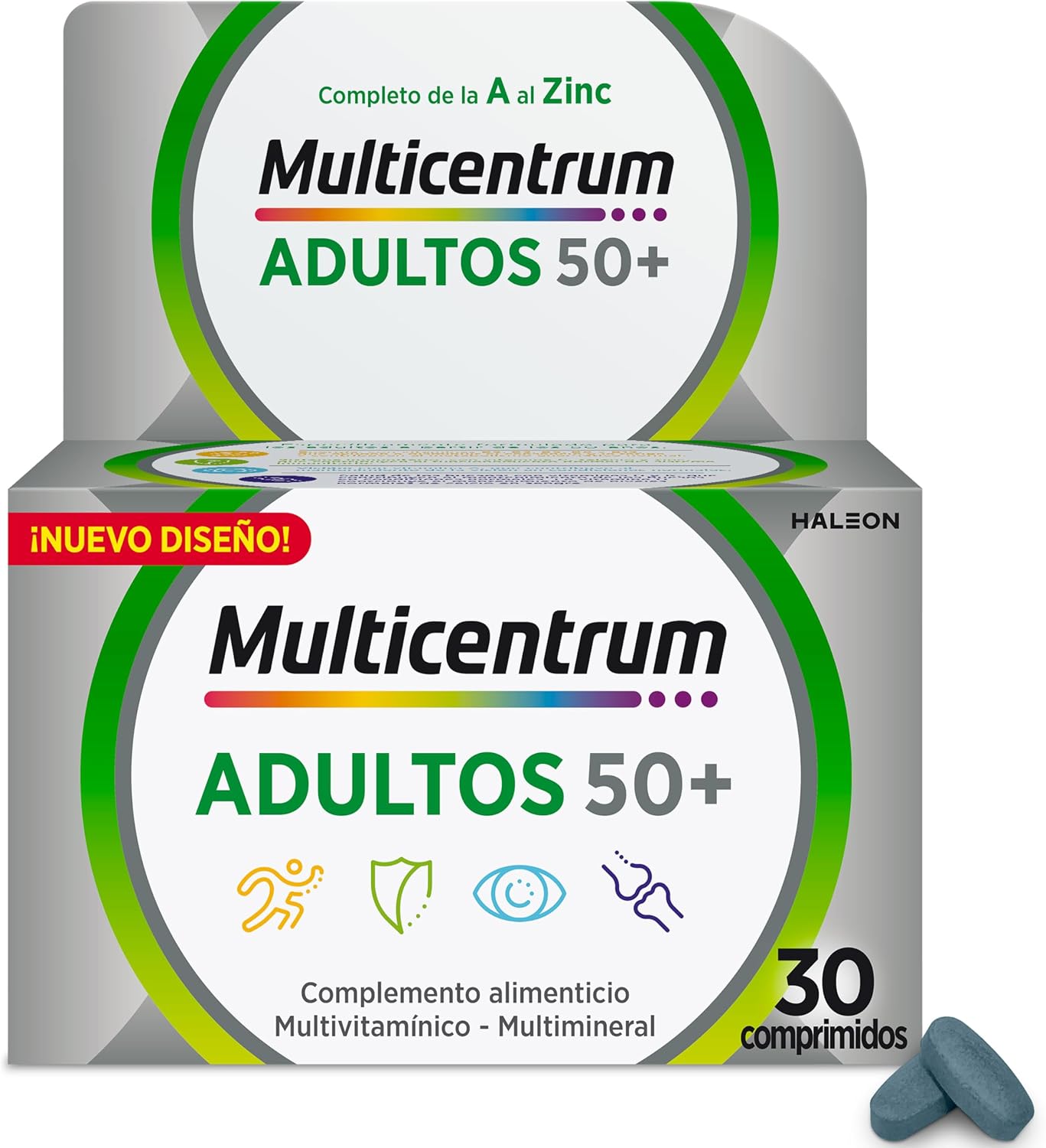 Multicentrum Adultos 50+, Complemento Alimenticio Multicolor Vitaminas Con 13 Vitaminas Y 11 Minerales, Sin Gluten, 30 Comprimidos