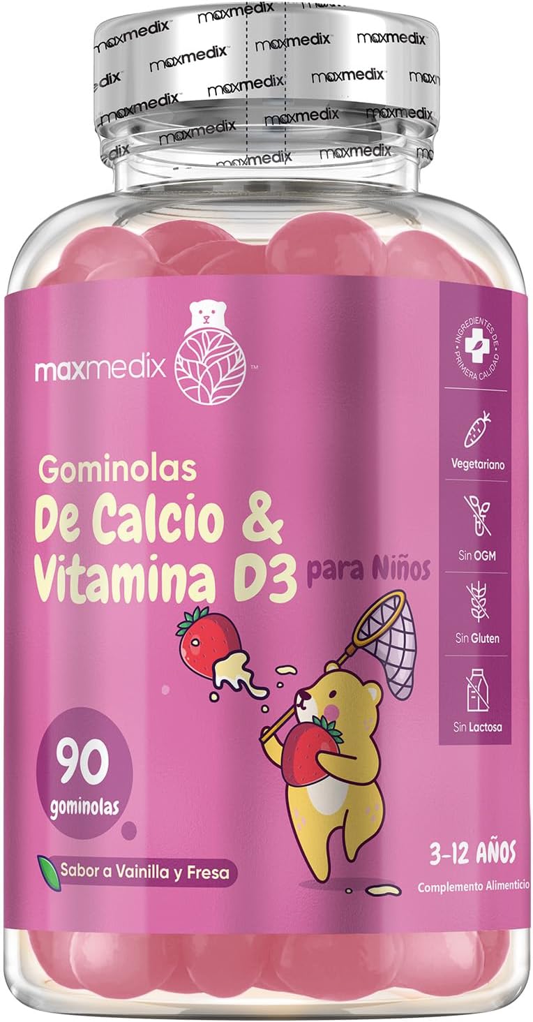 Calcio Y Vitamina D3 Para Niños - 90 Gominolas, Sabor a Vainilla Y Fresa - Suplemento Para Niños Para Su Crecimiento Y Desarrollo - 45 Días De Suministro - Sin Lactosa Ni Gluten