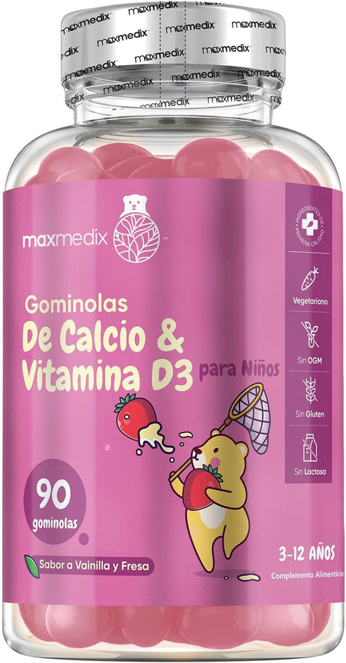 Calcio Y Vitamina D3 Para Niños - 90 Gominolas, Sabor a Vainilla Y Fresa - Suplemento Para Niños Para Su Crecimiento Y Desarrollo - 45 Días De Suministro - Sin Lactosa Ni Gluten