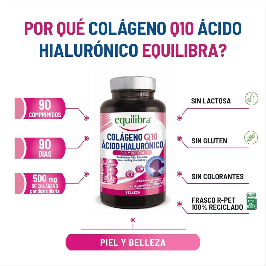 Equilibra Complemento Alimenticio, Colágeno Q10 Ácido Hialurónico, Bueno Estado De La Piel, a Base De Colágeno Hidrolizado, Ácido Hialurónico, Coenzima Q10, Vitaminas C Y E, 90 Comprimidos