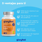 Vitamina C + Zinc - 365 Cápsulas - 1000Mg Vitamina C + 20Mg Zinc - Apoya El Sistema Inmunológico Y Reduce La Fatiga - Con Protección Gástrica Y Ph Neutro -100% Vegano