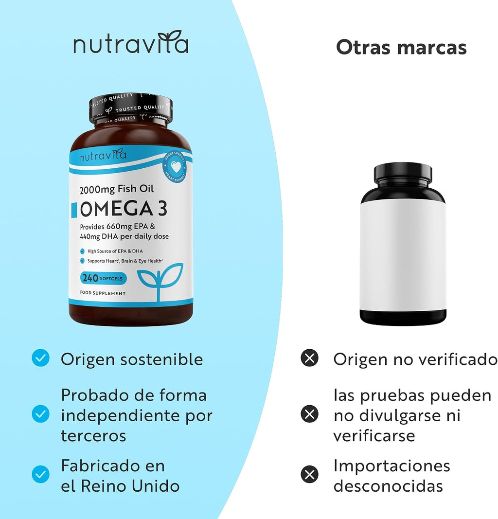 Nutravita Omega 3 2000Mg - Con 660Mg EPA Y 440Mg DHA - 240 Cápsulas Blandas (8 Meses) - Para Corazòn, Función Cerebral & Visiòn (EFSA) Omega 3 Capsulas - Omega3 Suplementos Para Hombres & Mujeres