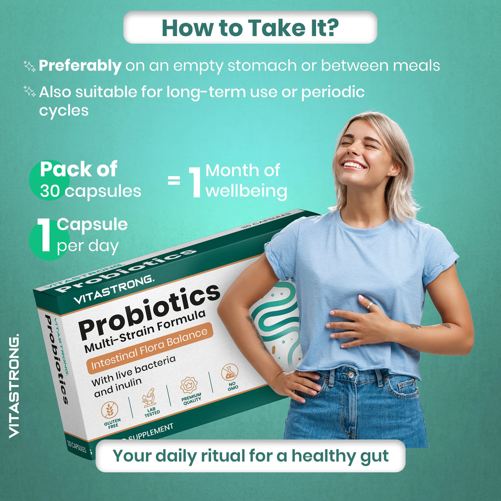 Lactic Ferments Probiotic Vitastrong Vegan, Formula Multiceppo with Live Bacteria, Inulin and Lactobacillus Plantarum, Gatroresistant Capsules, Premium Quality, Laboratory Tested, Gluten Free