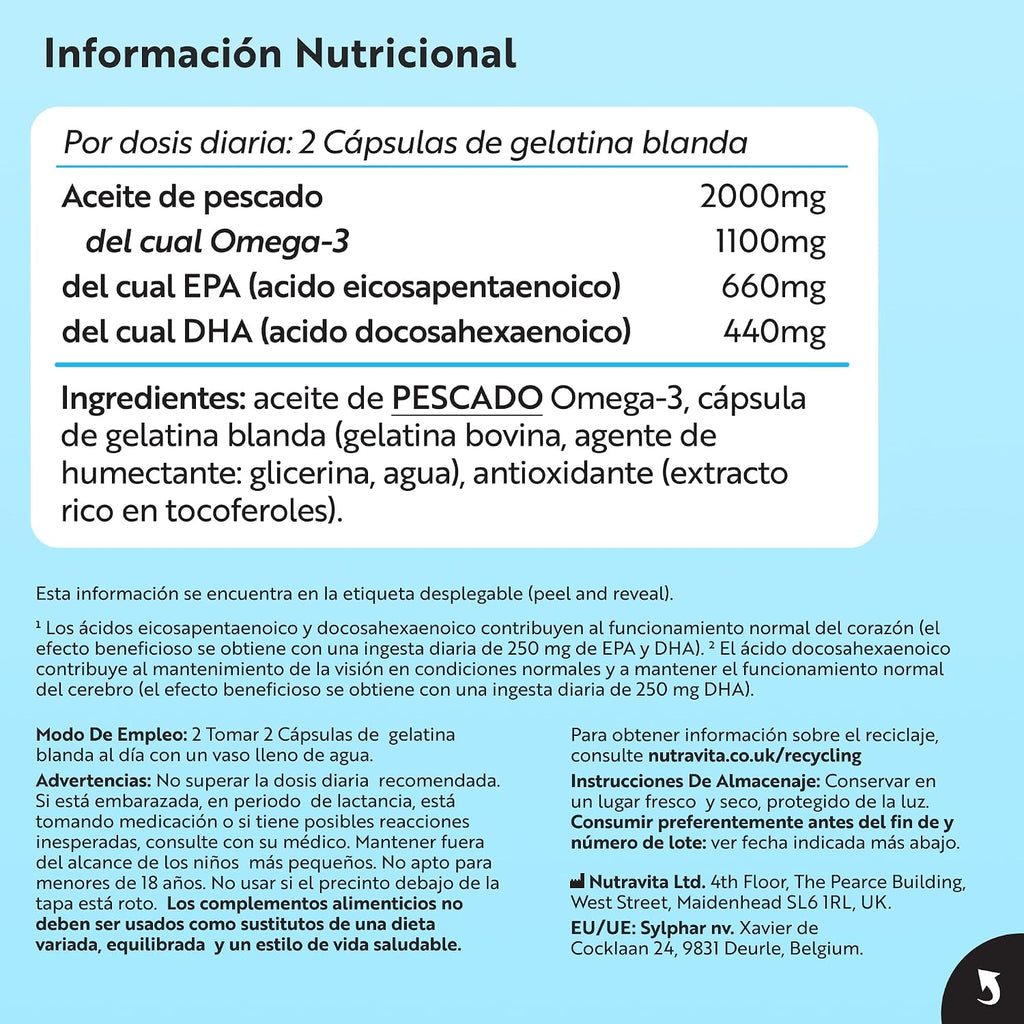 Nutravita Omega 3 2000Mg - Con 660Mg EPA Y 440Mg DHA - 240 Cápsulas Blandas (8 Meses) - Para Corazòn, Función Cerebral & Visiòn (EFSA) Omega 3 Capsulas - Omega3 Suplementos Para Hombres & Mujeres
