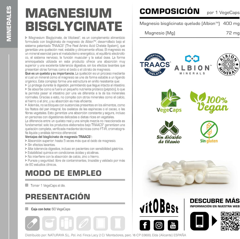 VITOBEST | Magnesio | Ayuda a Mantener Los Huesos Y Los Dientes. Reduce El Cansancio Y La Fatiga | Favorece El Funcionamiento Del Sistema Nervioso Y Músculos | 60 Vegecaps