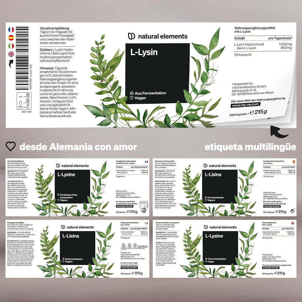 L-Lisina - Fabricado En Alemania - 365 Cápsulas - 1.000 Mg Por Dosis Diaria - Procedente De Fermentación Vegetal - Producto Vegano, Alta Dosificación, Sin Aditivos