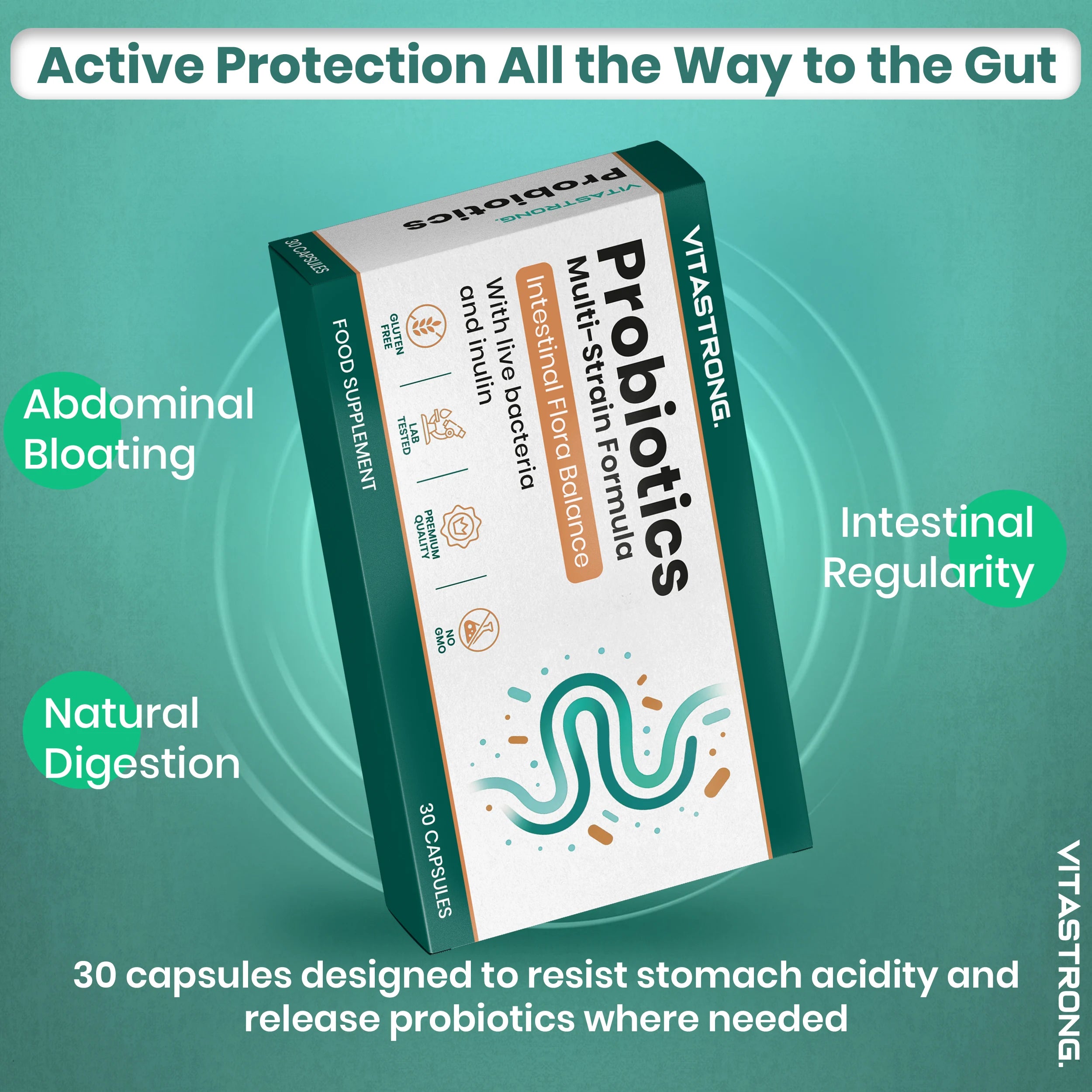 Lactic Ferments Probiotic Vitastrong Vegan, Formula Multiceppo with Live Bacteria, Inulin and Lactobacillus Plantarum, Gatroresistant Capsules, Premium Quality, Laboratory Tested, Gluten Free