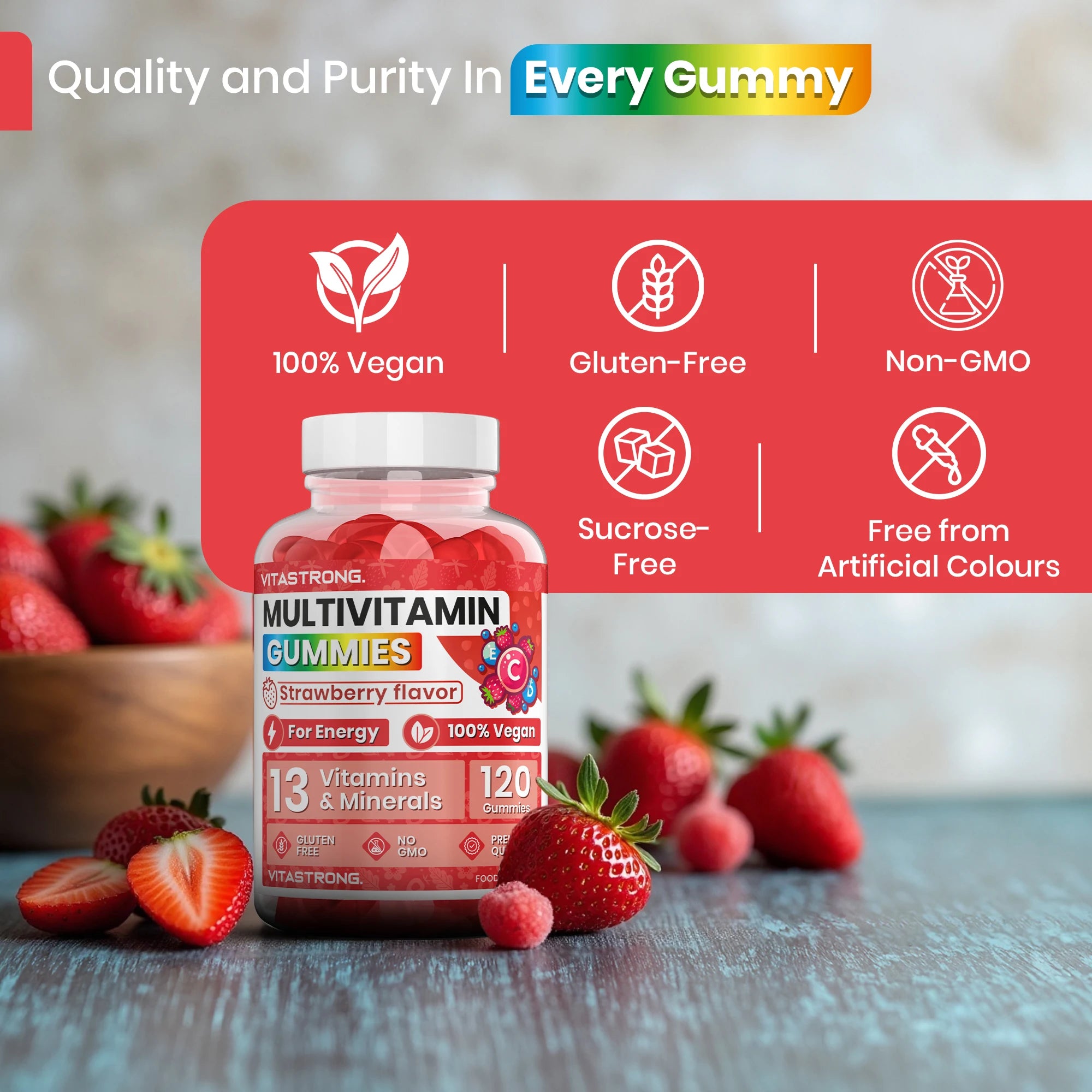 Full Multivitamin 120 Gummy Vitastrong, 13 Vitamins and Minerals, Sucrose-Free, Complément Alimentaire Vegan for Adults, Multivitamin with Vitamins, Zinc, Iodine, Folate-For Men and Women