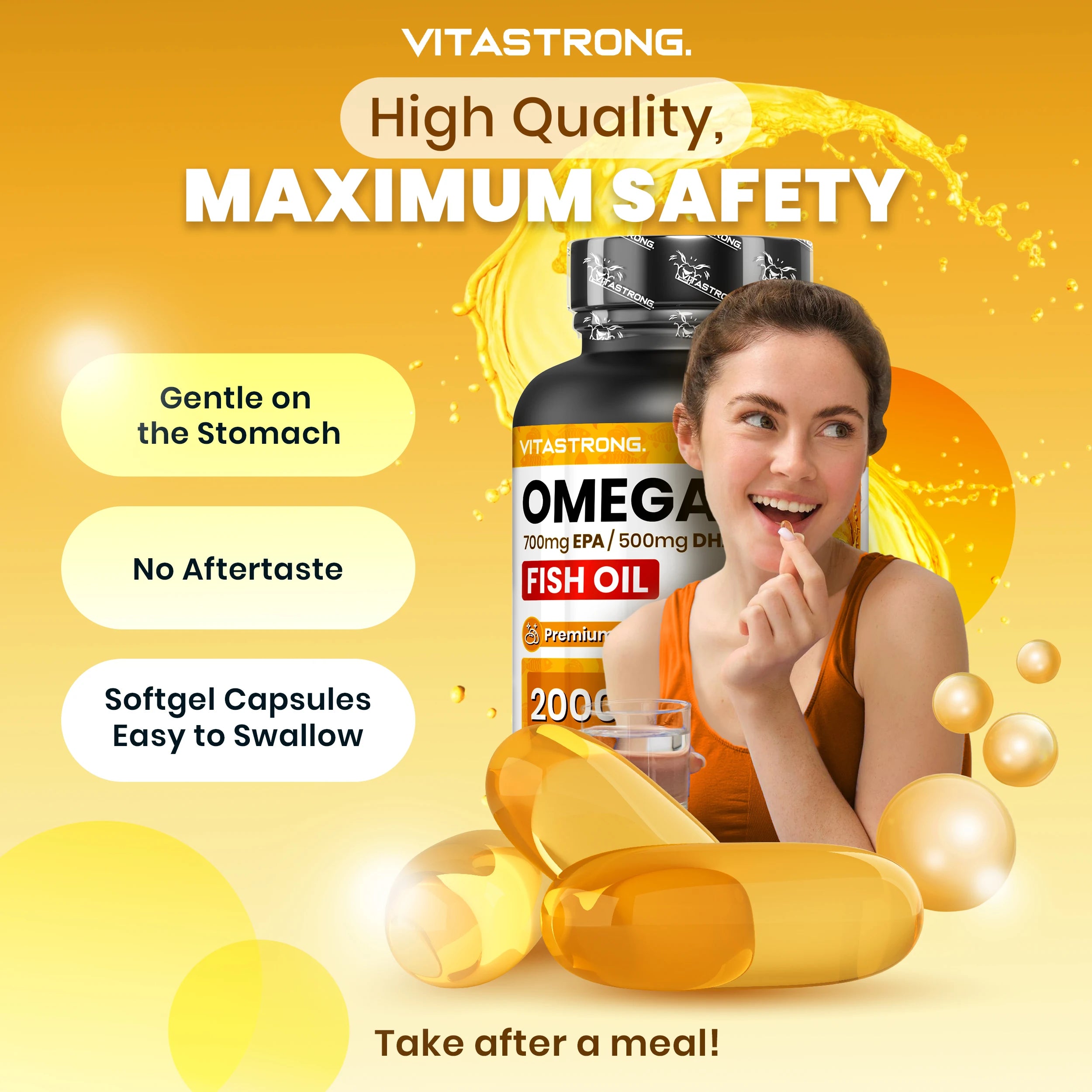 Omega 3 Fish Oil 2000Mg High Dosage with Vitamin E, without Aftertaste, Omega3 Fish Oil (Fish Oil) 700Mg EPA 500Mg DHA, High Concentration, Omega-3 Supplement Pure Heart, Sight, Brain